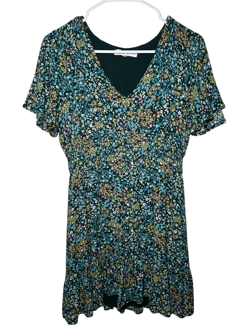 Rewind Dark Green Floral V-Neck Short Sleeve Dress Fall Casual Midi Light